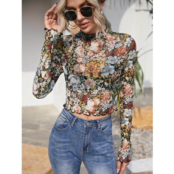 Multicolor Floral Print Mesh Sheer Shirt Crop Top Long Sleeve See-Through - Picture 6 of 7
